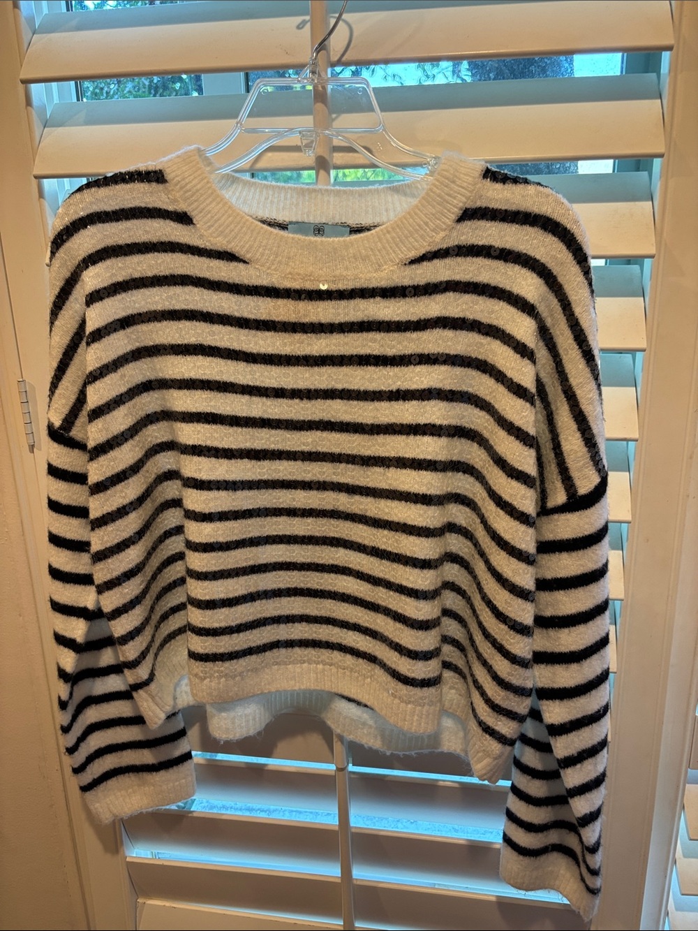 CeCe Black and White Striped Crewneck Sweater